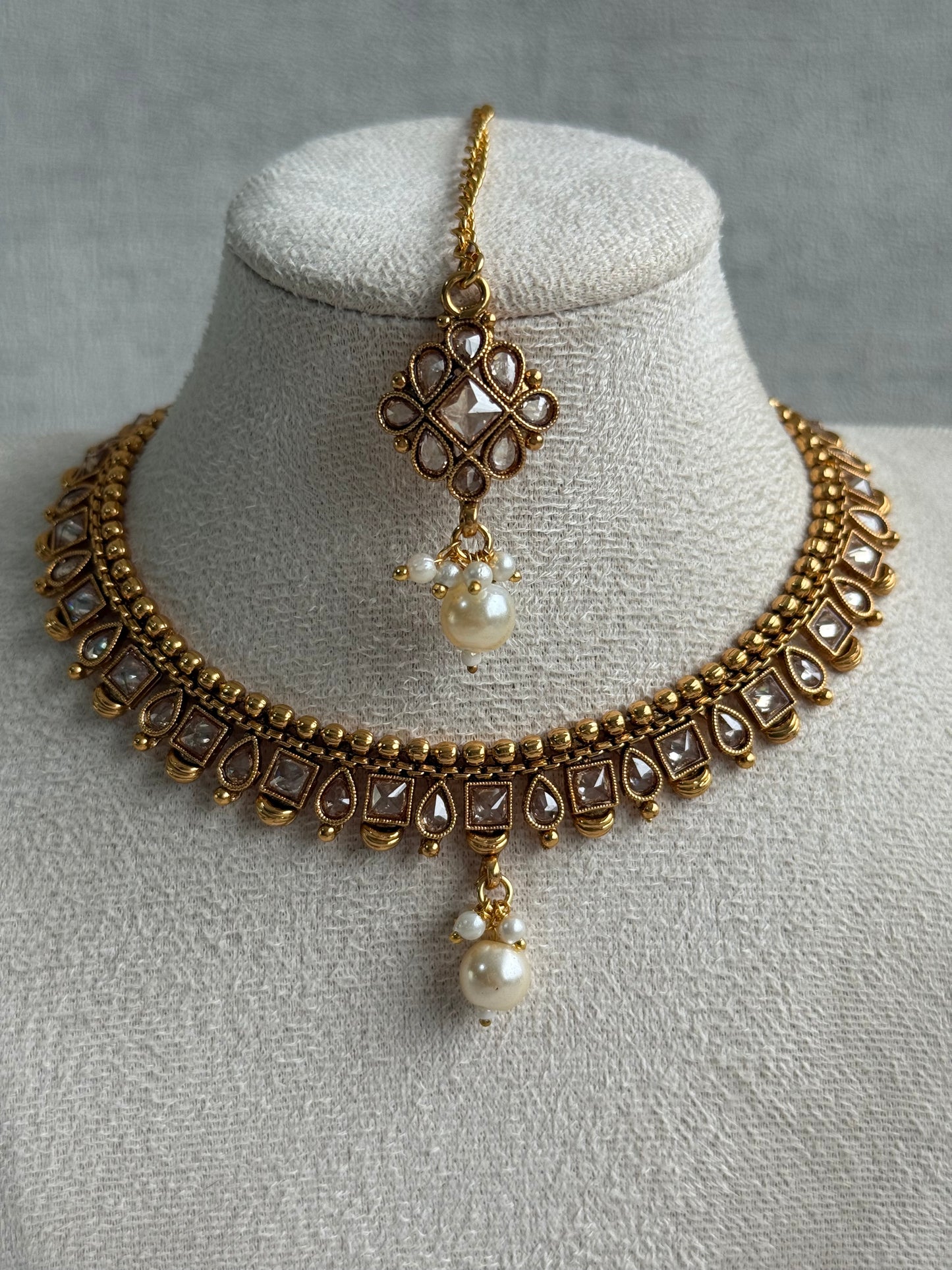 Ayura Designs Hima Set – Necklace, Earrings & Tikka with Mirror-Cut Stones, Pearl Drops & Polished Gold Finish