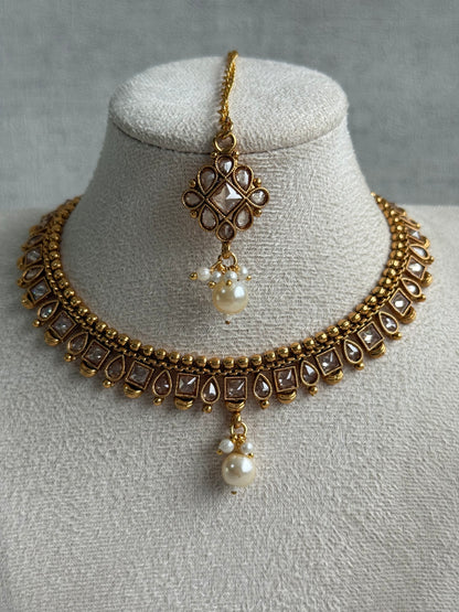 Ayura Designs Hima Set – Necklace, Earrings & Tikka with Mirror-Cut Stones, Pearl Drops & Polished Gold Finish
