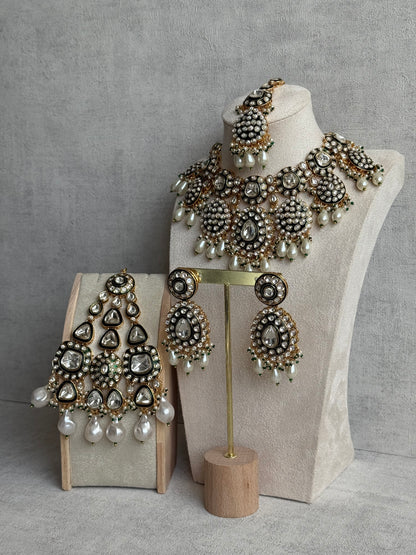 Ayura Designs Ayesha Bridal Set with Necklace, Earrings, Tikka & Passa – Emerald Green Enamel, Mirror-Cut Stones, Pearls & Antique Gold Kundan Detailing