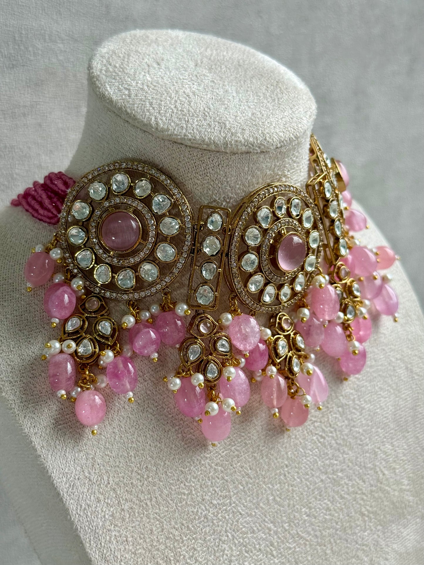 Ayura Designs Harper Set – Antique Gold Choker & Earrings with Blush Pink Beads, Kundan Stones & Pearl Detailing