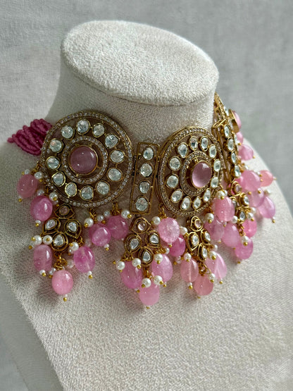 Ayura Designs Harper Set – Antique Gold Choker & Earrings with Blush Pink Beads, Kundan Stones & Pearl Detailing