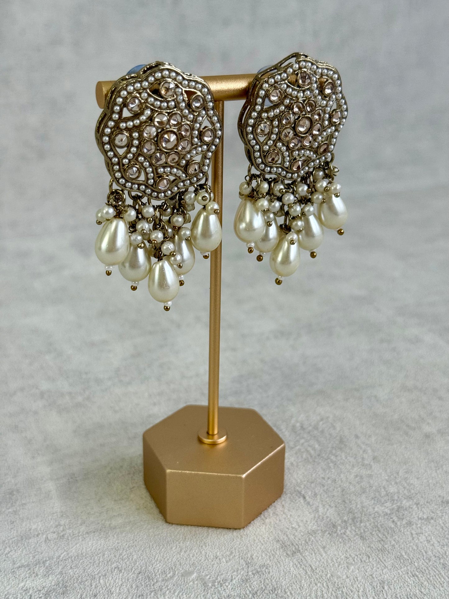 Ayura Designs Aynoor Halo Petal Earrings – Antique Gold Finish with Mirror-Cut Stones & Pearl Drops