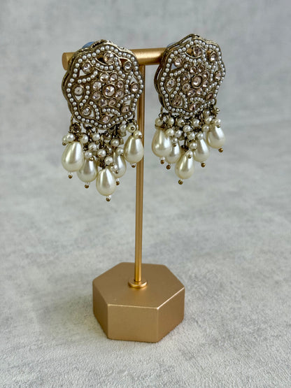 Ayura Designs Aynoor Halo Petal Earrings – Antique Gold Finish with Mirror-Cut Stones & Pearl Drops
