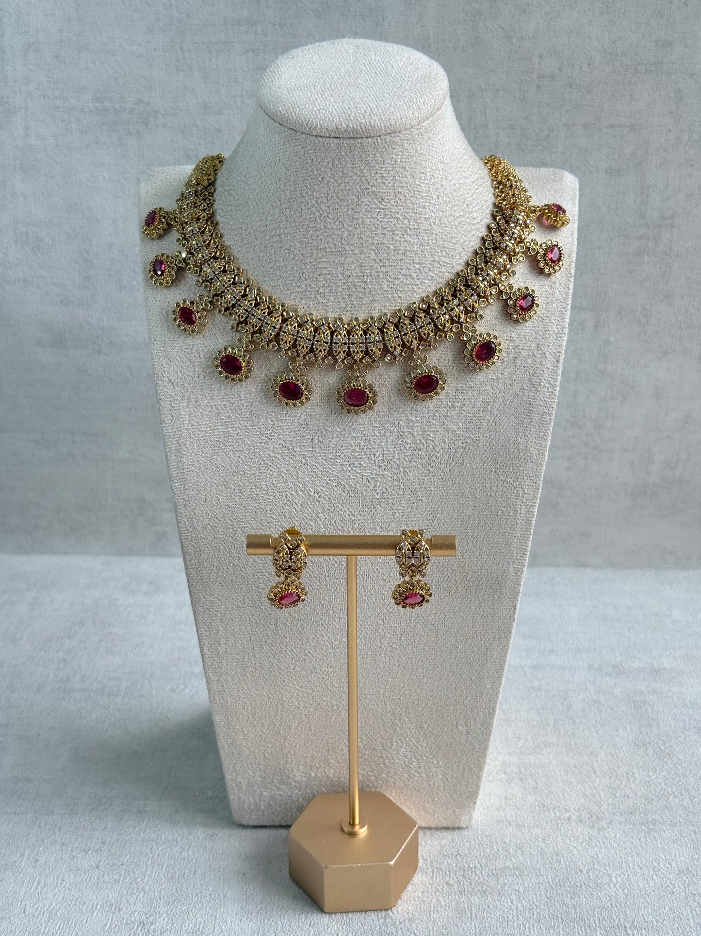 Ayura Designs Elisha Necklace Set with Earrings – Rani Pink & Crystal Stone Detailing