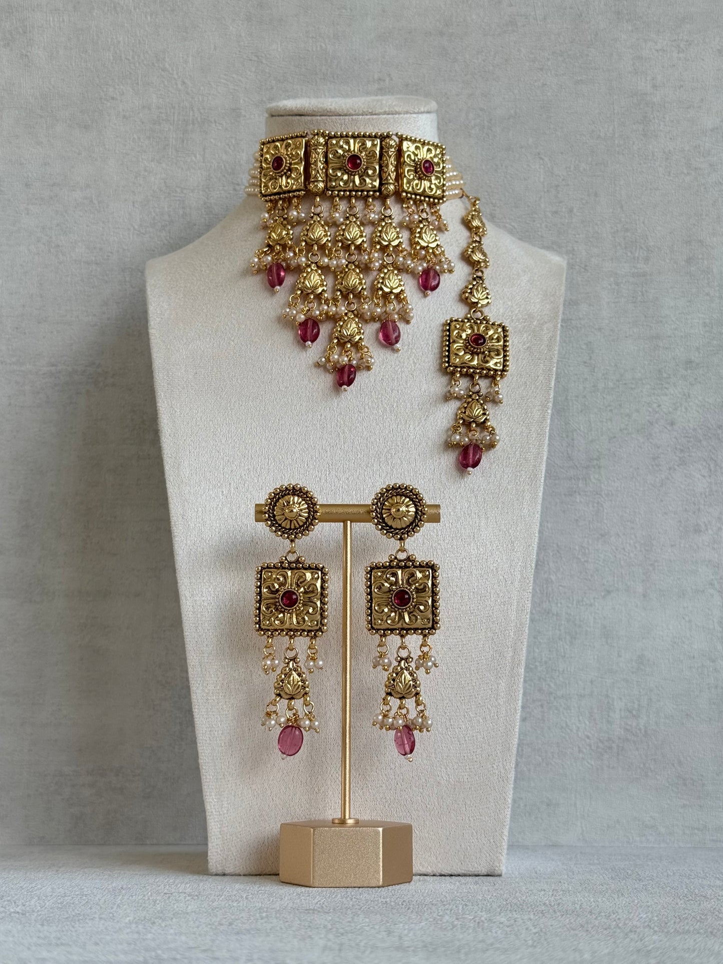 Ayura Designs Nimrah Choker Set with Earrings & Tikka – Ruby Pink Gold Tone Waterfall Jewellery Set