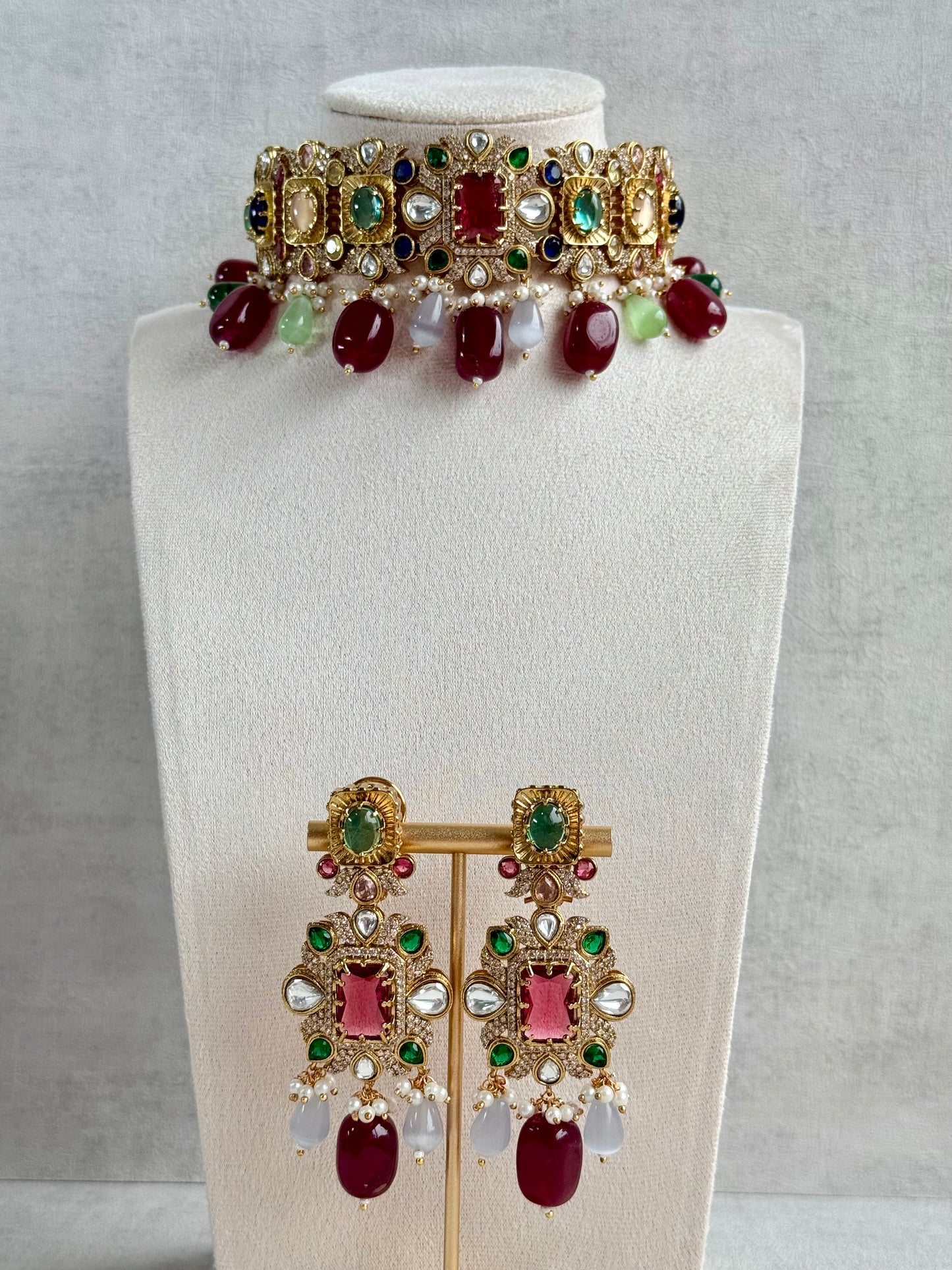 Ayura Designs Hazel Choker Set with Earrings – Multicolour Crystals & Ruby Drop Beads