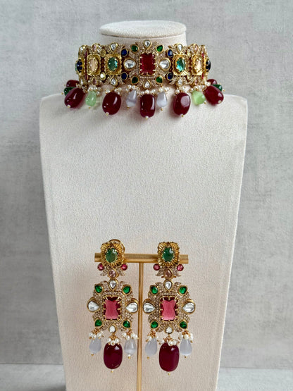 Ayura Designs Hazel Choker Set with Earrings – Multicolour Crystals & Ruby Drop Beads