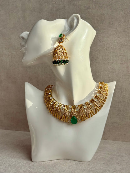 Ayura Designs Rami Collar Set with Jhumkis – Sculpted Gold Collar with Emerald Green Stone and Crystal Detailing