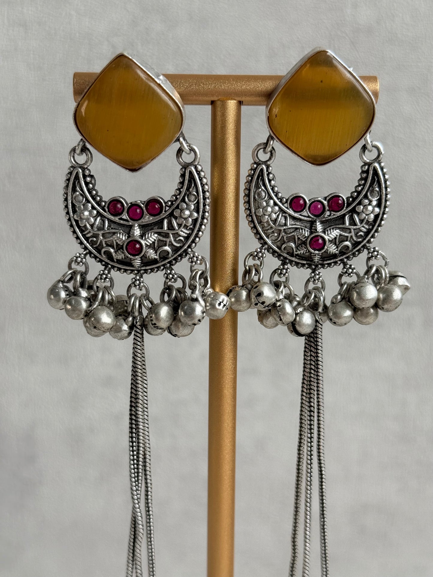 Ayura Designs Zarfa Earrings – Oxidised Earrings with Amber Stones, Hanging Ghungroo Chains & Crescent Detailing