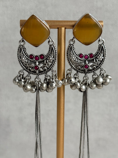 Ayura Designs Zarfa Earrings – Oxidised Earrings with Amber Stones, Hanging Ghungroo Chains & Crescent Detailing