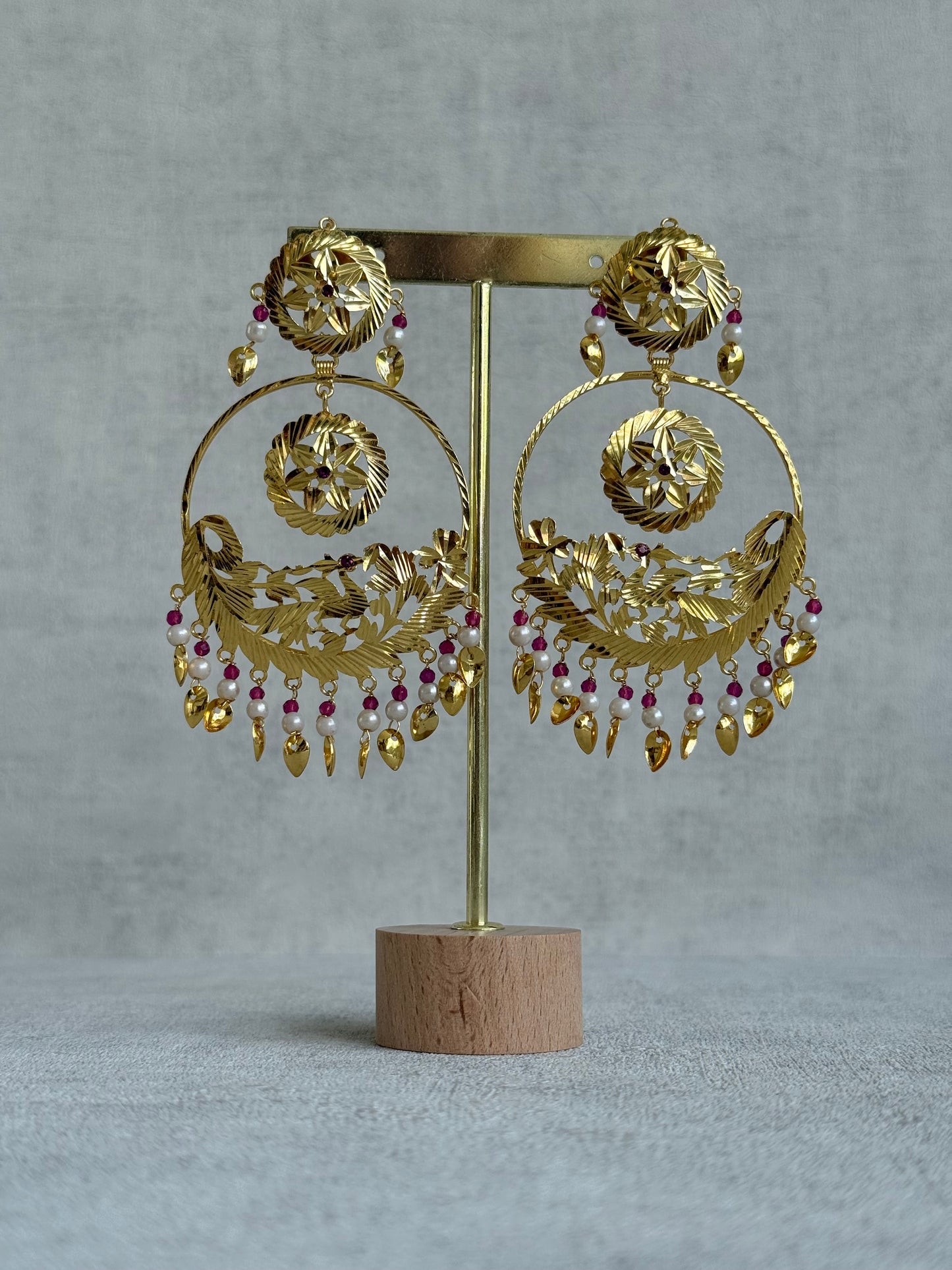 Ayura Designs Puran Earrings – Gold Peacock Pipal Patti Chandbalis with Pink & Ivory Detailing