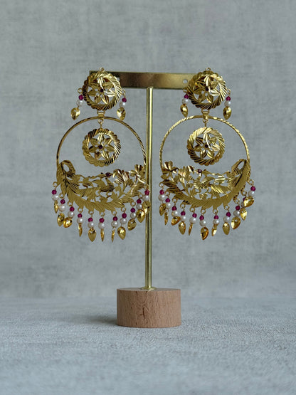 Ayura Designs Puran Earrings – Gold Peacock Pipal Patti Chandbalis with Pink & Ivory Detailing