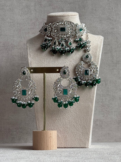Ayura Designs Nandhini Set – Choker, Earrings & Tikka with Emerald Green Stones, Pearls & Silver Finish