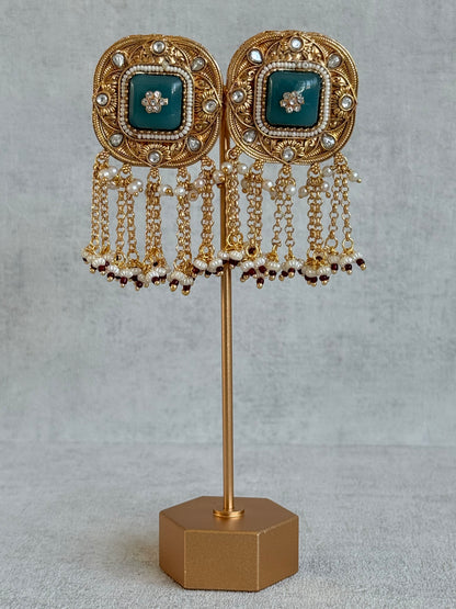 Ayura Designs Gunjal Earrings – Sage Green Chain Drop Studs with Kundan & Bead Detailing