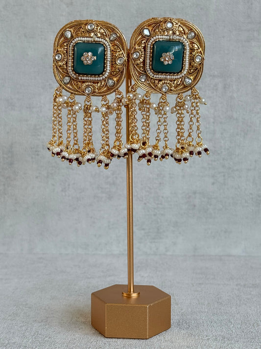 Ayura Designs Gunjal Earrings – Sage Green Chain Drop Studs with Kundan & Bead Detailing