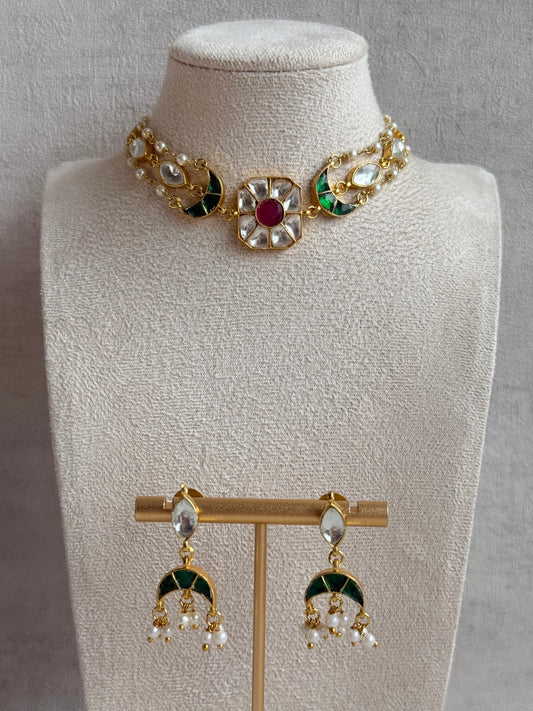 Ayura Designs Mahi Choker Set with Earrings – Meenakari Kundan Green & Pink Detailing