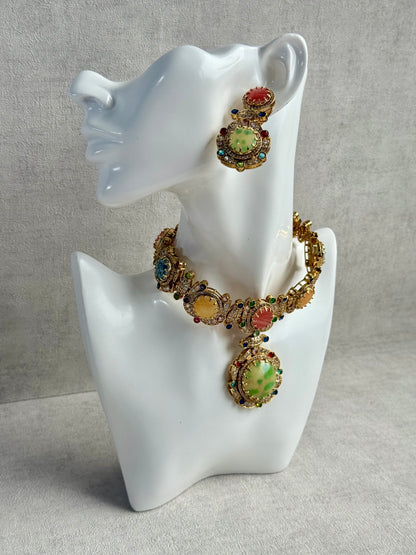 Ayura Designs Akira Set with Necklace & Earrings – Moissanite-Style Crystals with Multicolour Stone Detailing