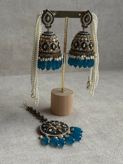 Ayura Designs Amrita Set – Jhumkis with Sahare & Tikka in Peacock Blue Beads, Pearls and Antique Gold Finish