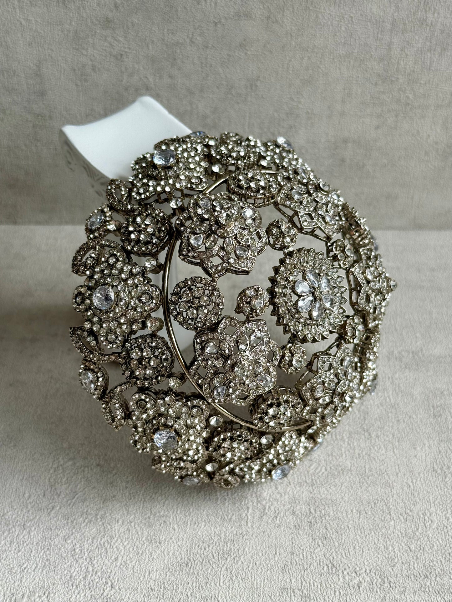 Ayura Designs Lotus Hair Bun Cover – Antique Silver with Mirror-Cut Stones & Floral Detailing