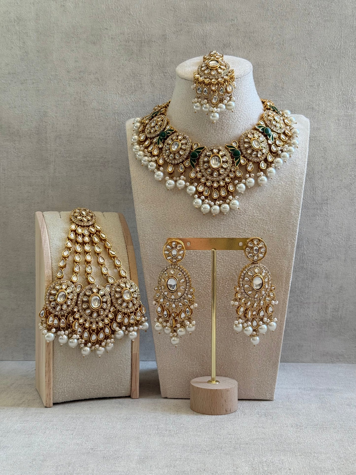 Ayura Designs Zara Set with Necklace, Earrings, Tikka & Passa – Antique Gold with Kundan Detailing & Ivory Pearl Drops