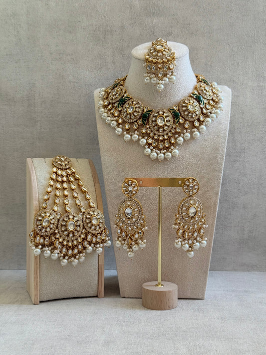 Ayura Designs Zara Set with Necklace, Earrings, Tikka & Passa – Antique Gold with Kundan Detailing & Ivory Pearl Drops