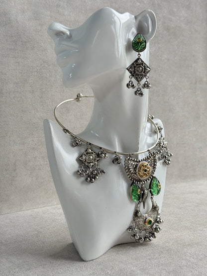 Ayura Designs Jiyana Collar Necklace Set – Leaf Green Carved Teardrop Stones & Oxidised Silver Finish