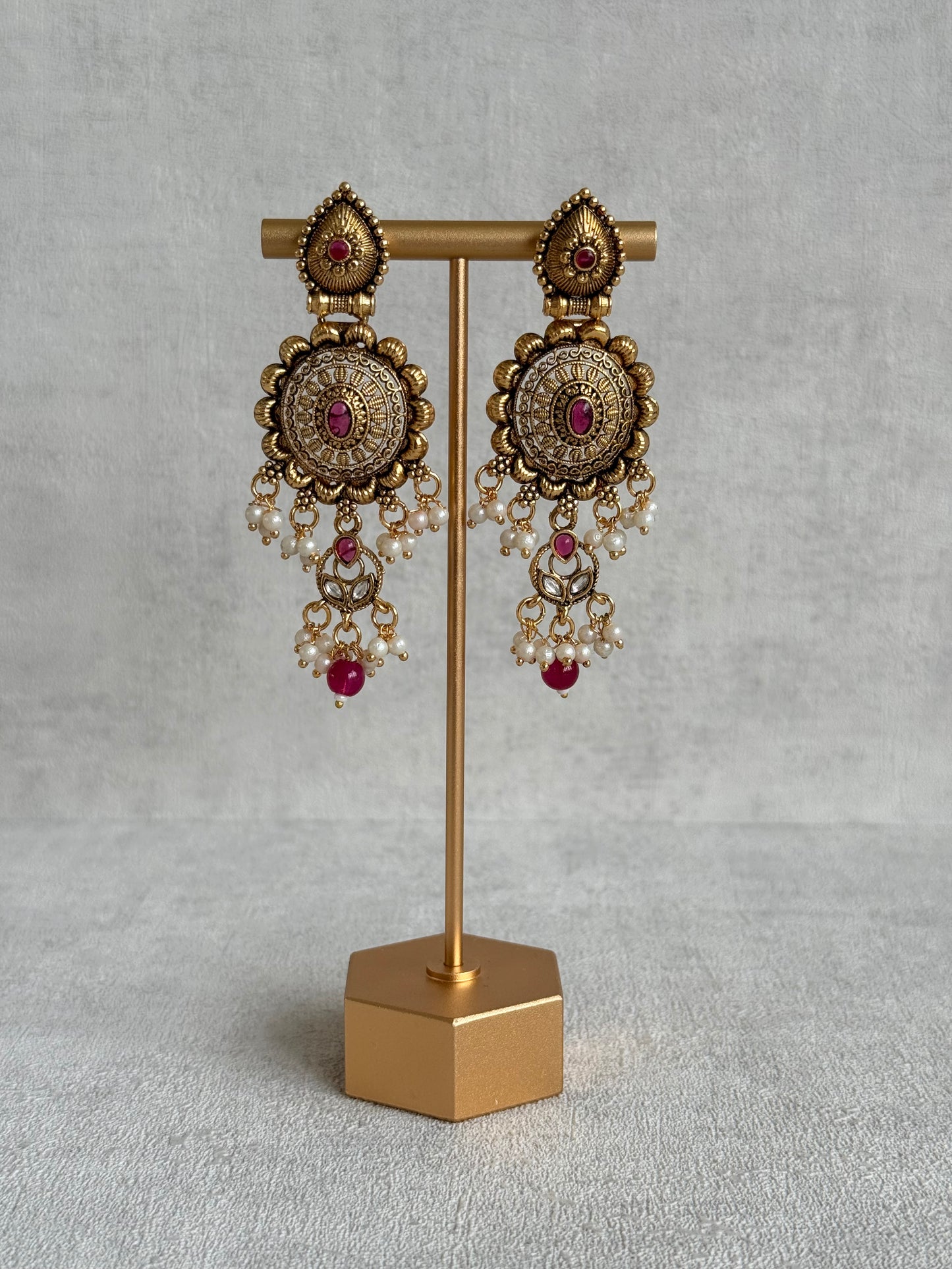 Ayura Designs Kabini Choker Set with Earrings – Gold Kundan Waterfall Choker with Ruby Pink Beads & Pearls