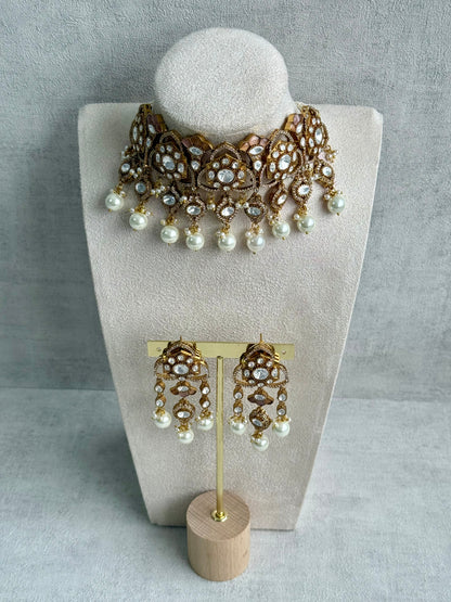 Ayura Designs Serina Choker Set with Earrings – Nude Blush Enamel, Mirror-Cut Stones & Pearl Drops