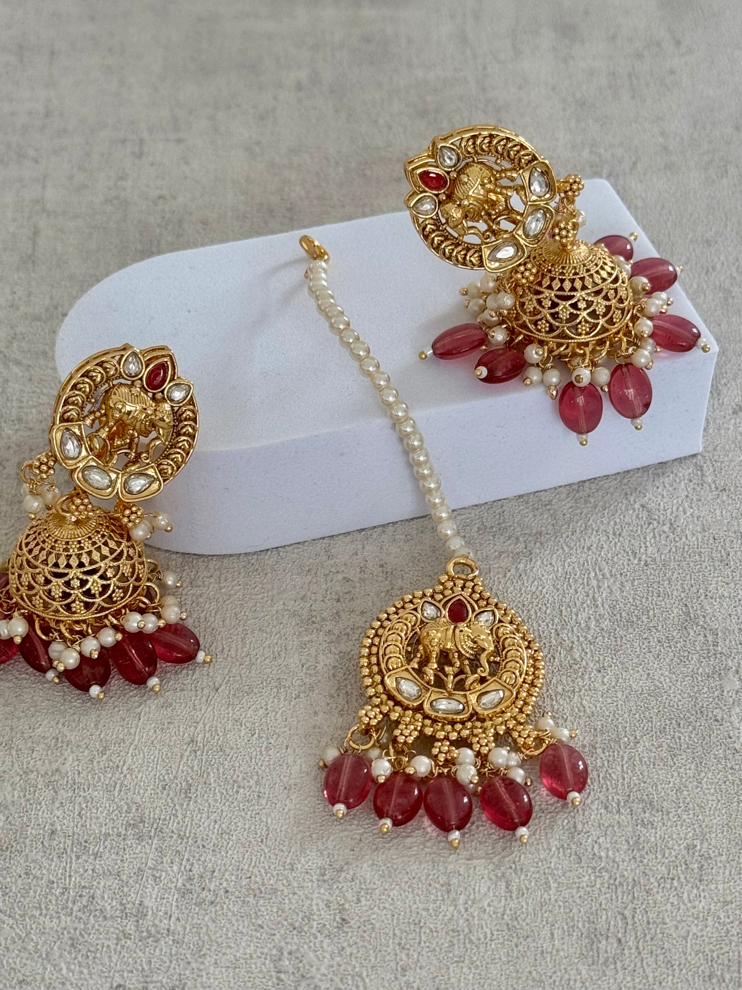 Ayura Designs Tanu Choker Set with Earrings & Tikka – A Golden Harmony of Pearls, Ruby Red Accents & Intricate Gold Detailing