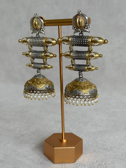 Ayura Designs Tehzeeb Earrings – Dual Tone Oxidised Statement Jhumkis with Pearl Detailing