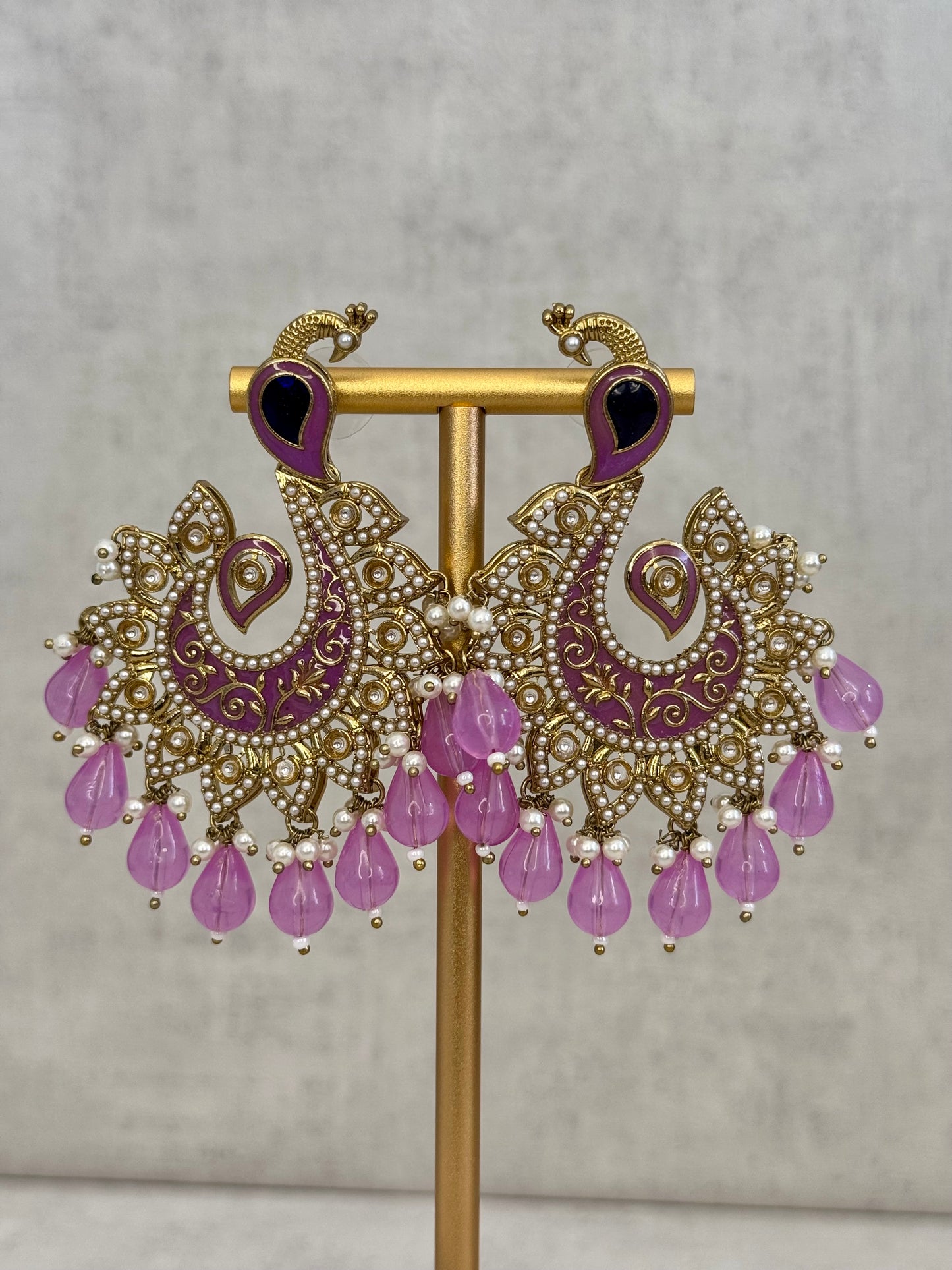 Ayura Designs Moorni Earrings – Peacock-Inspired Chandbalis with Lavender Meenakari, Kundan, and Pearl Accents