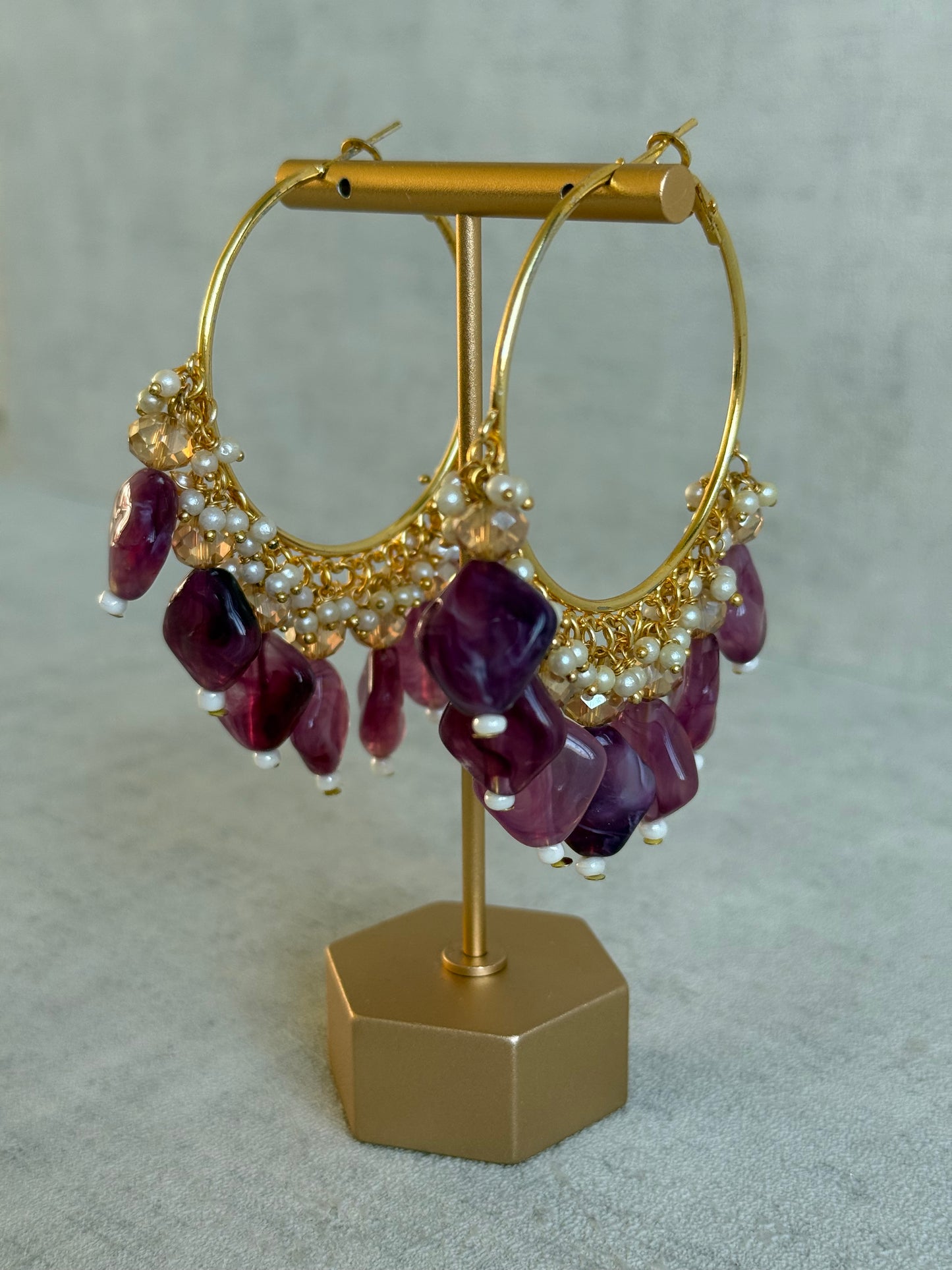 Ayura Designs Heer Balis – Gold Hoops with Amethyst Plum Marble Beads, Pearls & Crystal Detailing