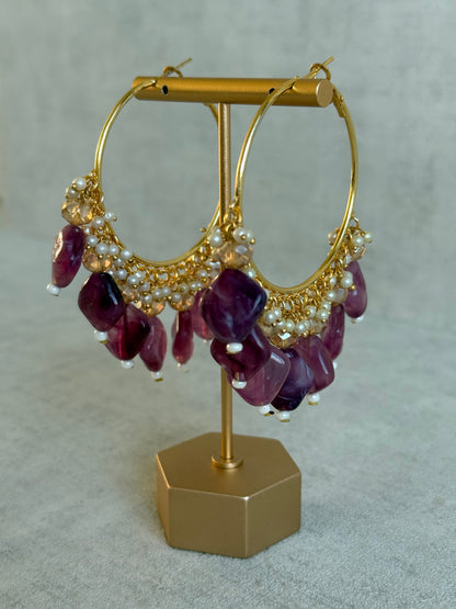 Ayura Designs Heer Balis – Gold Hoops with Amethyst Plum Marble Beads, Pearls & Crystal Detailing