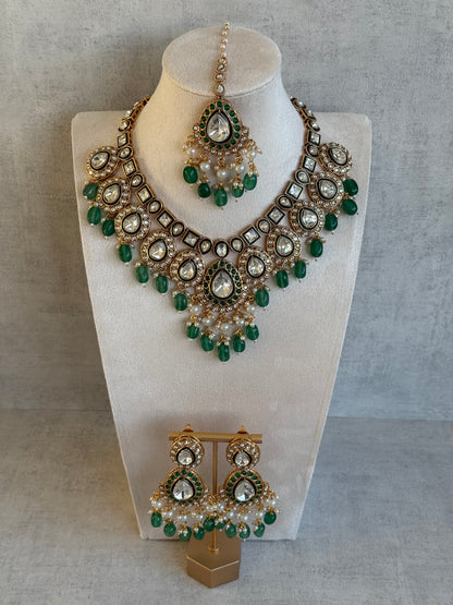 Ayura Designs Ishyat Set with Necklace, Earrings & Tikka – Kundan Detailing, Emerald Green Bead Drops