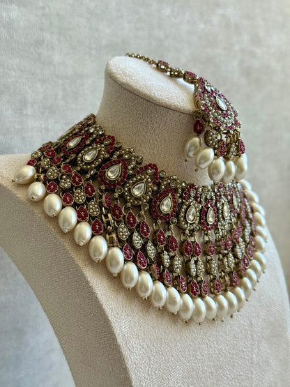 Ayura Designs Riwaayat Set with Necklace, Earrings, Tikka & Passa – Fuchsia Stones, Mirror-Cut Detailing & Ivory Pearl Drops