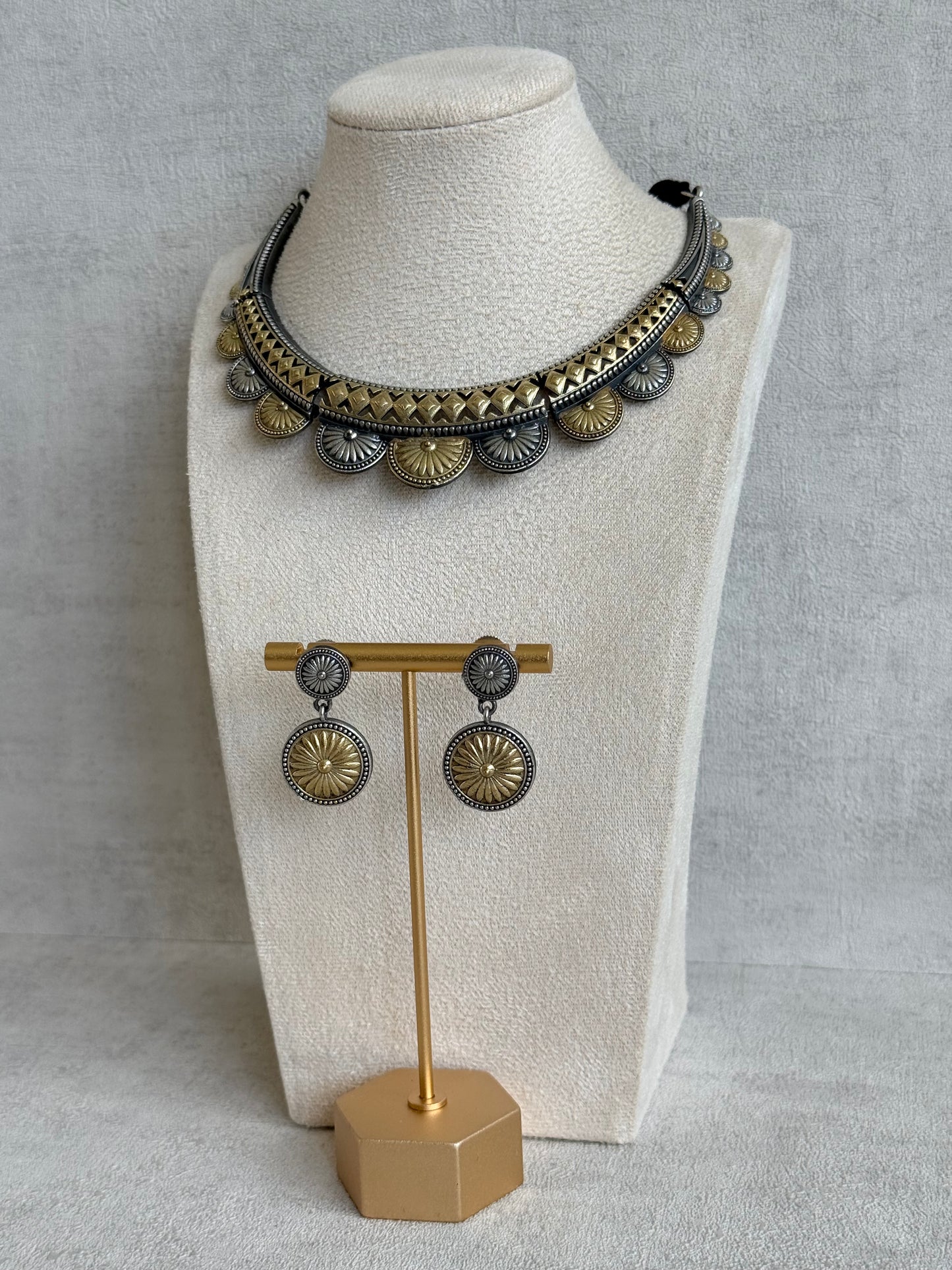 Ayura Designs Surmai Necklace Set with Earrings – Dual Tone Oxidised Necklace with Disc Motifs & Geometric Detailing