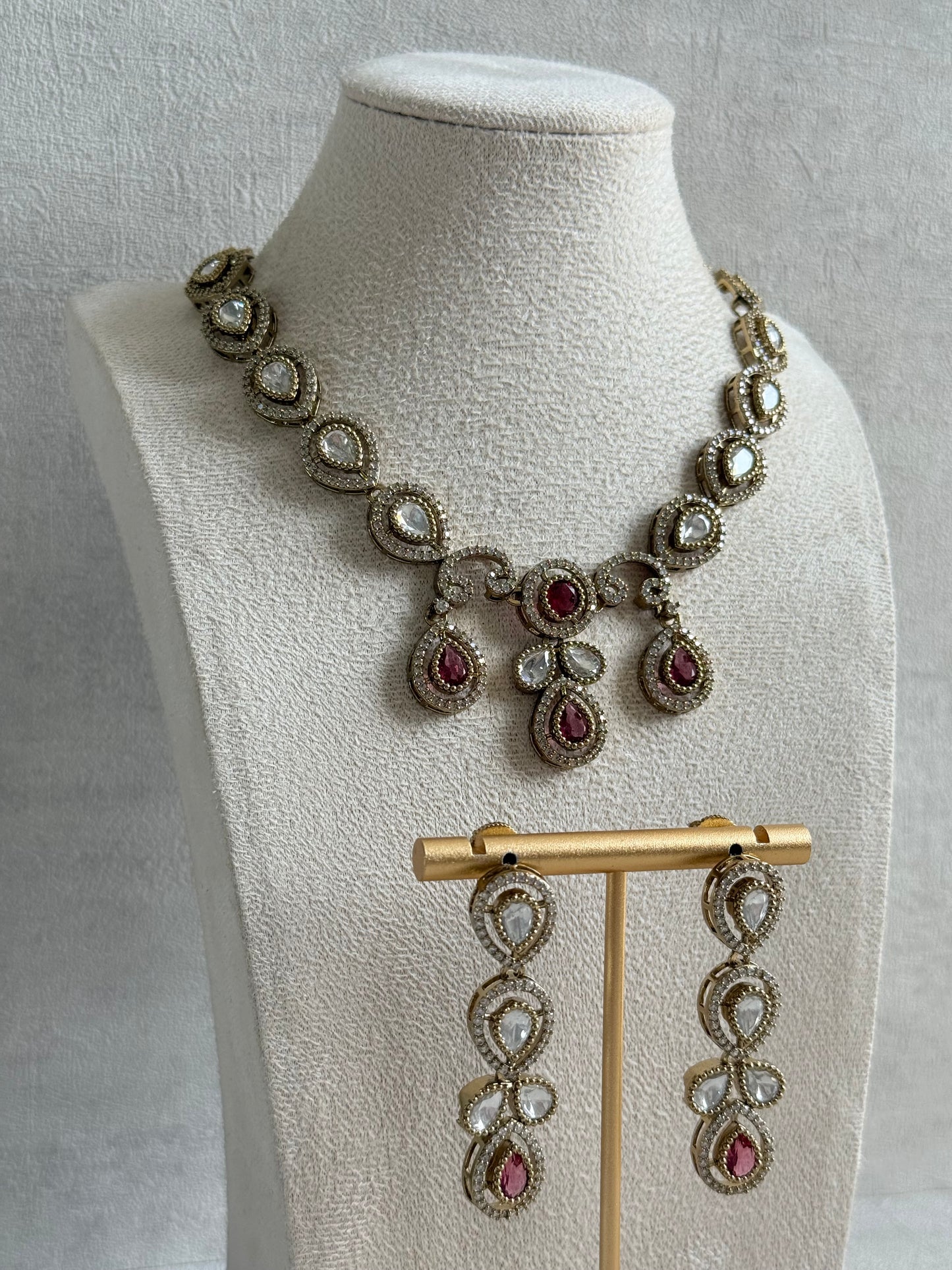 Ayura Designs Bianca Necklace Set with Earrings – Kundan, Ruby Pink Stones, Crystals & Gold Finish