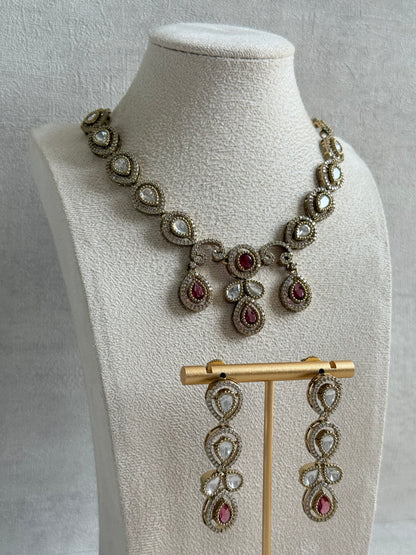 Ayura Designs Bianca Necklace Set with Earrings – Kundan, Ruby Pink Stones, Crystals & Gold Finish