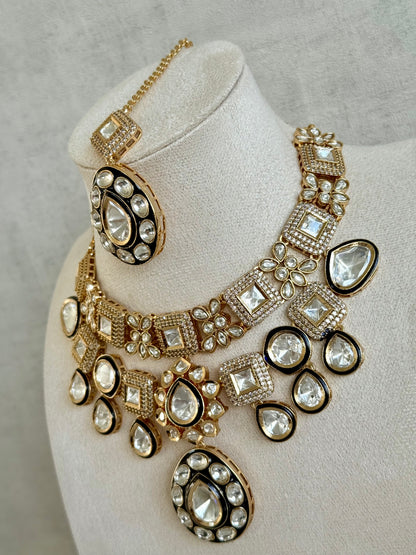 Ayura Designs Avani Set with Earrings & Tikka – Mirror-Cut Stones with Deep Blue Enamel Detailing & Crystal Borders