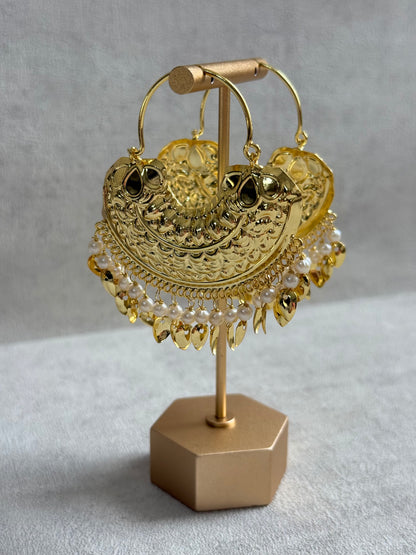 Ayura Designs Surkhab Balis – Pippal Patti Statement Earrings with Pearls & Gold Leaf Charms
