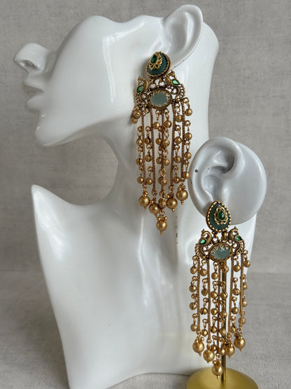 Ayura Designs Pakhi Earrings – Peacock Statement Earrings with Green Stones & Ghungroo Chain Tassels