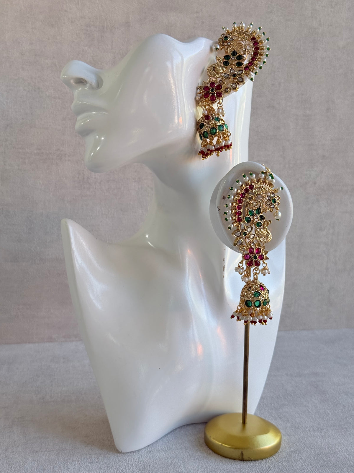 Ayura Designs Nitya Kaanphool Jhumkis – Gold Half Ear Cuff Earrings, Peacock Motifs, Pink & Emerald Green Kundan, Pearl Drops & Sahare