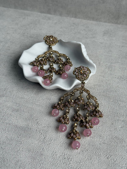 Ayura Designs Jasmine Earrings – Chandelier Earrings with Blush Pink Beads & Antique Gold Detailing