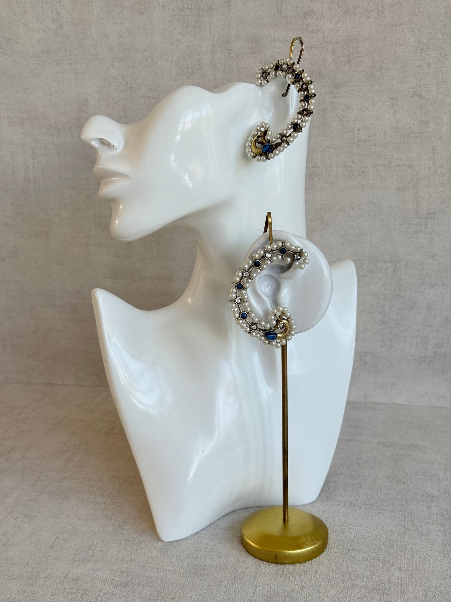 Ayura Designs Nupur Earrings – Pearl Ear Climbers with Sapphire Blue Stones & Pearl Detailing