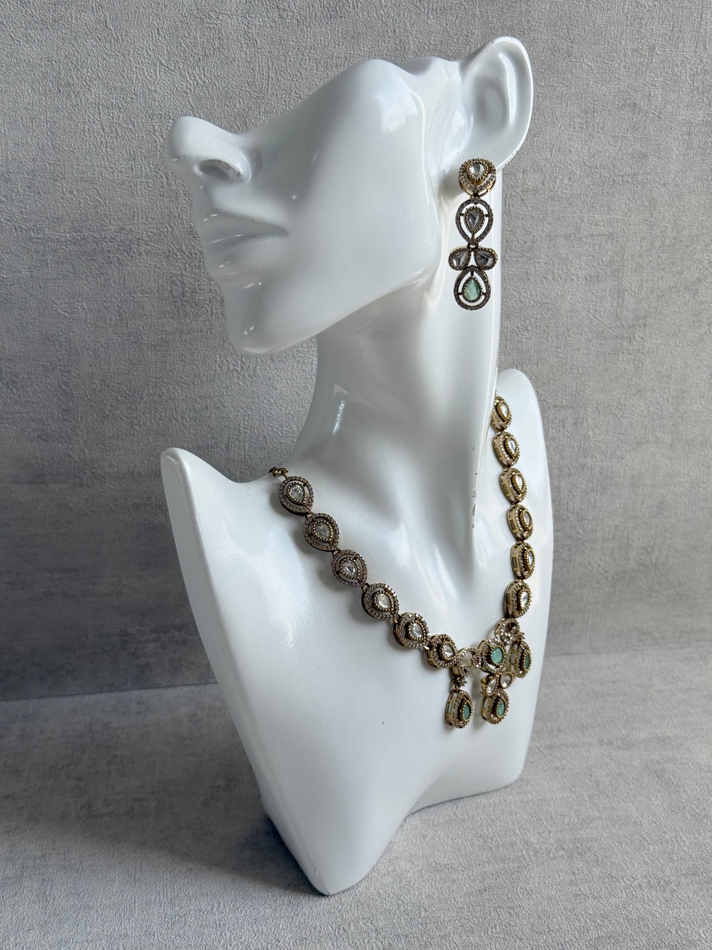 Ayura Designs Bianca Necklace Set with Earrings – Mint Green & White Kundan, Crystals & Gold Finish