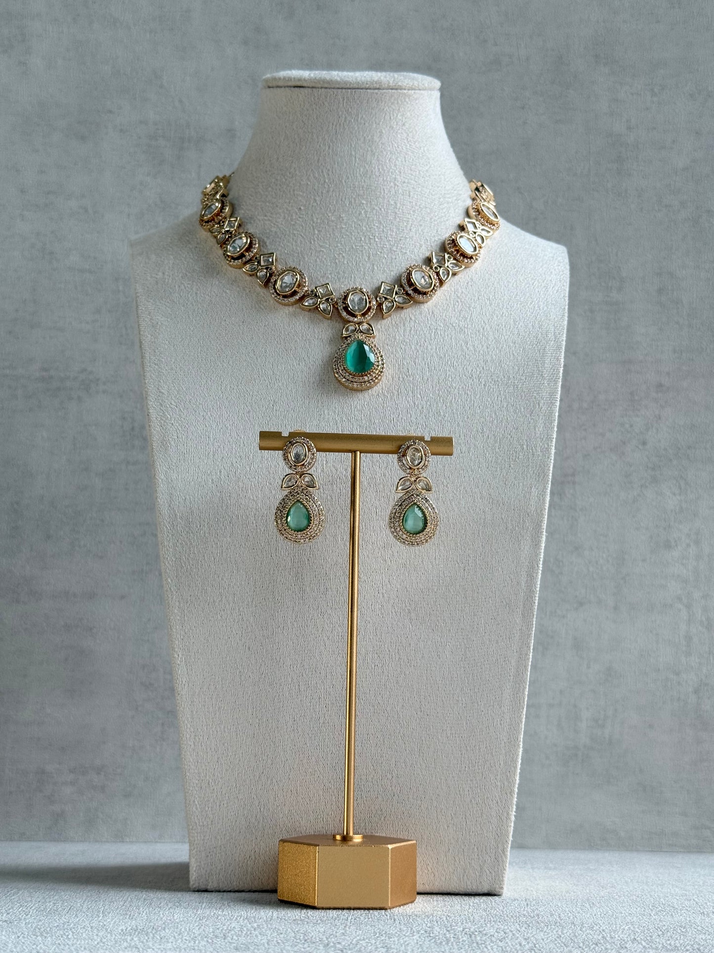 Ayura Designs Gazia Necklace Set with Earrings – Kundan, Mint Green Stones & Gold Finish