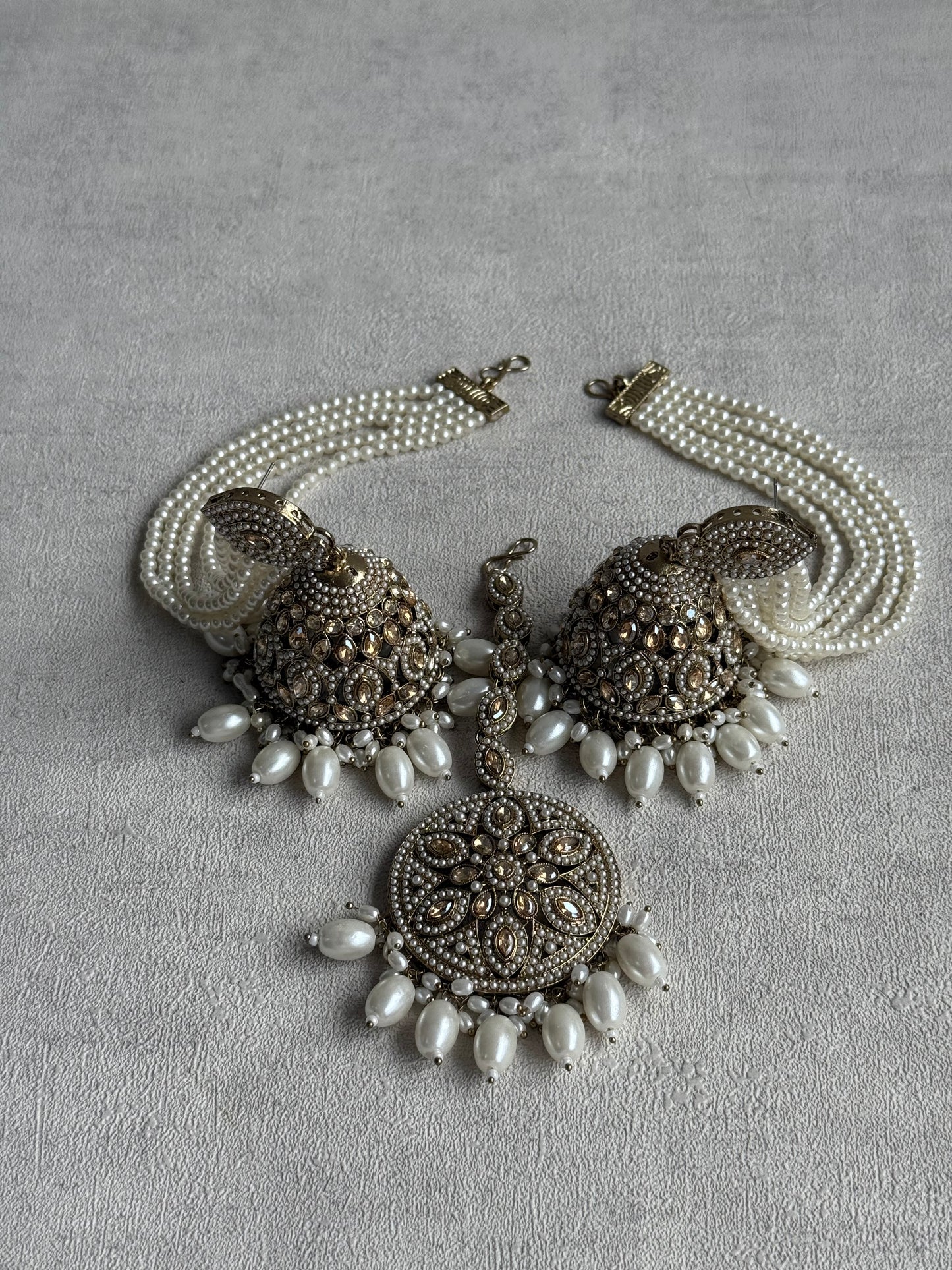 Ayura Designs Amrita Set – Jhumkis with Sahare & Tikka in Ivory Pearls and Antique Gold Finish
