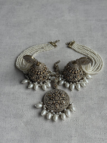Ayura Designs Amrita Set – Jhumkis with Sahare & Tikka in Ivory Pearls and Antique Gold Finish