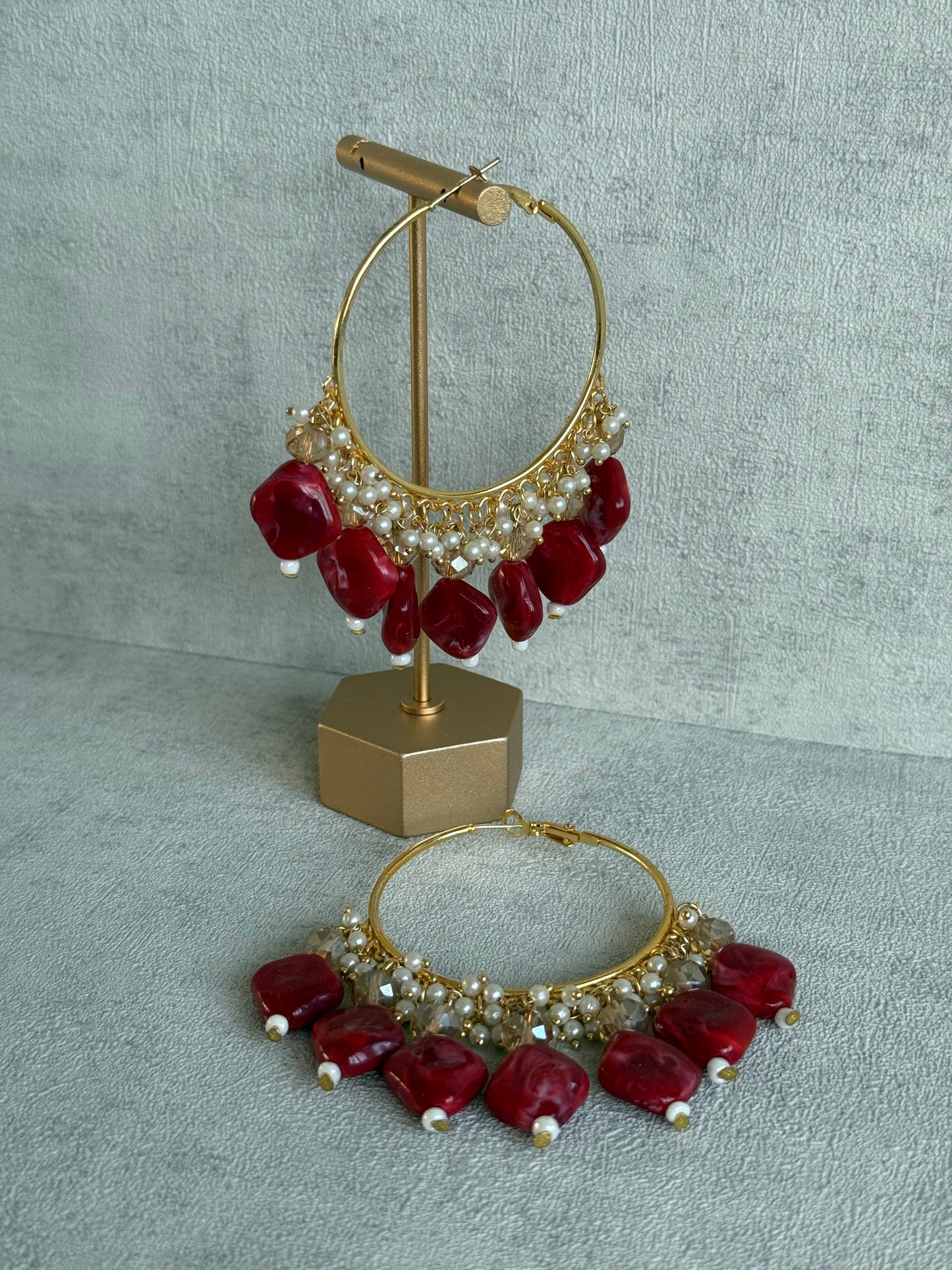 Ayura Designs Heer Balis – Gold Hoops with Ruby Marble Beads, Pearls & Crystal Detailing