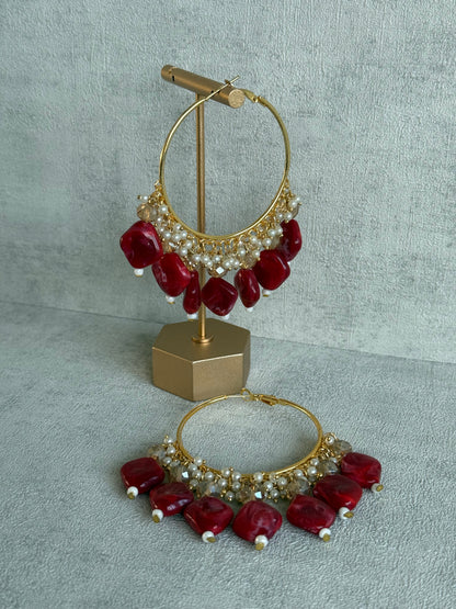Ayura Designs Heer Balis – Gold Hoops with Ruby Marble Beads, Pearls & Crystal Detailing